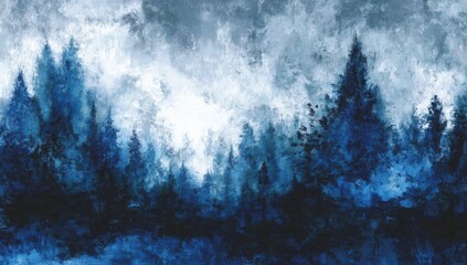 Ethereal, misty evergreen forest under a moody, atmospheric sky