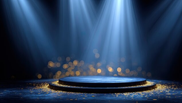 Empty spotlight stage with shimmering gold dust and bokeh