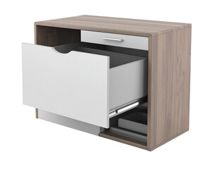 Modern open shelving unit with two drawers, one open