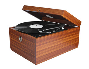 Vintage wooden record player with open lid, showcasing a black vinyl disc