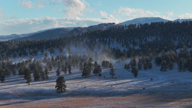 Winter snowy Elk Meadows Bergen Peak Evergreen Colorado aerial drone windy snow blowing sunny blue sky Front Range Rocky Mountains Witter Gulch Troutdale Village Upper Bear Creek Road forward motion