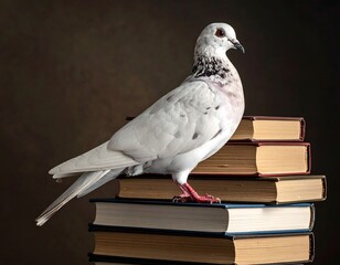 A white pigeon perches on a stack of old books against a dark background