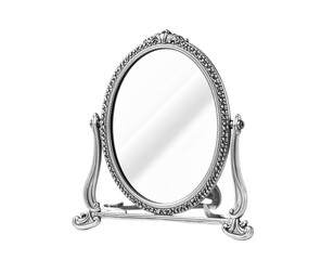 Ornate oval tabletop mirror with decorative stand on a black background