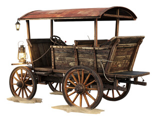Rustic wooden wagon with canvas roof and oil lantern