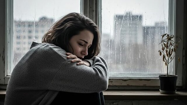Woman sitting on windowsill looking out window