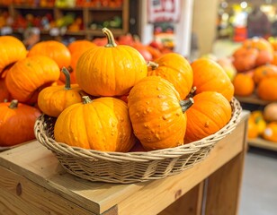 A wicker basket filled with small, orange pumpkins on a wooden table
