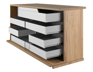 Modern wooden chest of drawers with multiple open white drawers, clean design
