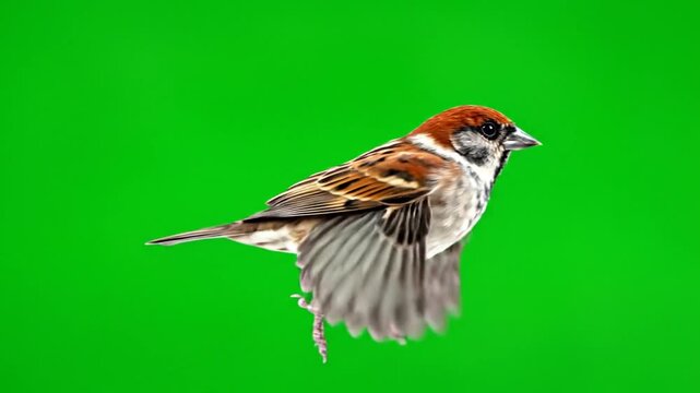 Captivating Stock Footage: Sparrow Bird in Flight, Isolated on Green Screen, Chroma Key for