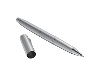 Sleek metallic pen with cap detached, poised for writing