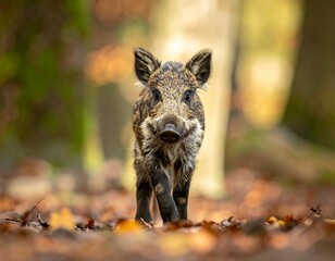 A wild boar stands in a forest
