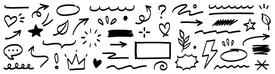 Fototapeta na wymiar Marker line brush arrow, underline, highlight scribble set. Marker pen line brush hand drawn arrow stroke sketch element shape graphic vector. Doodle underline circle frame icons. Vector illustration