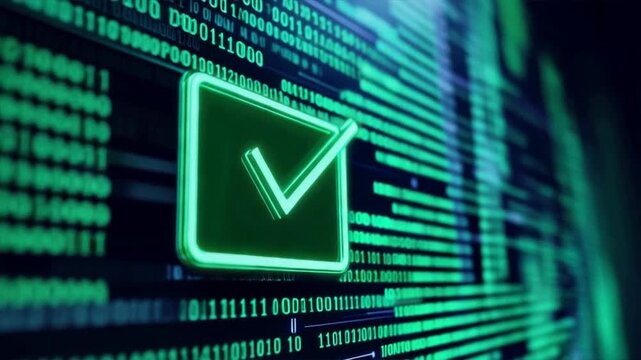 A glowing green check mark against a backdrop of digital data streams, symbolizing success and validation in technology.