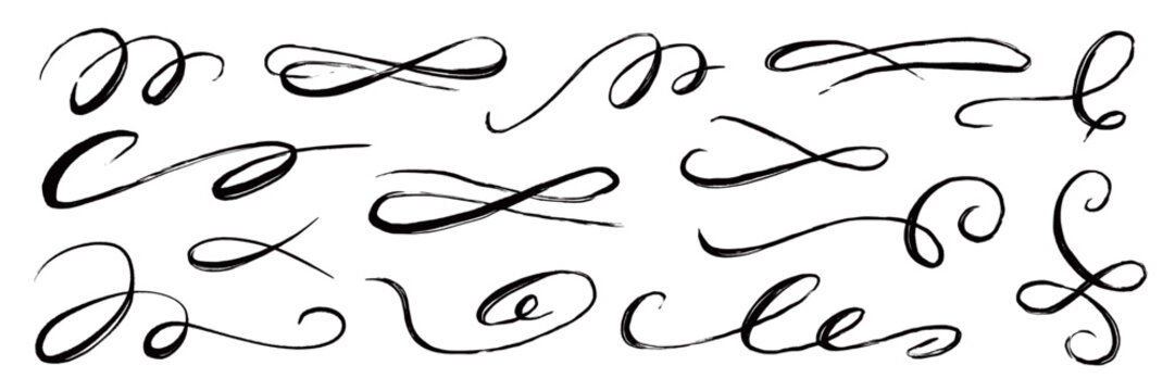 Flourish hand drawn swash line set. Flourish line calligraphy hand drawn pen ink brush thin stroke curve..Elegant vintage doodle swirl scroll underline text decoration design. Vector illustration.
