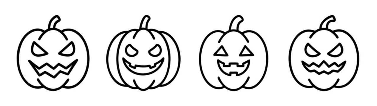 Four carved spooky halloween pumpkin jack-o'-lantern line art