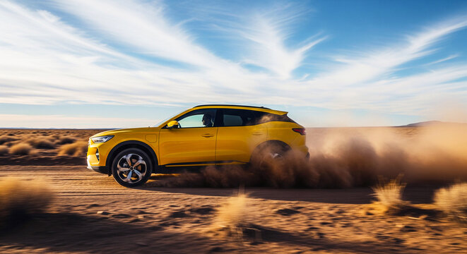 Yellow suv driving fast on dirt road in desert landscape with blue sky and clouds