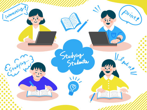 勉強をしている学生男女のイラストセット Set of four students studying with laptops and notebooks. ICT education, e-learning, and back to school concept.