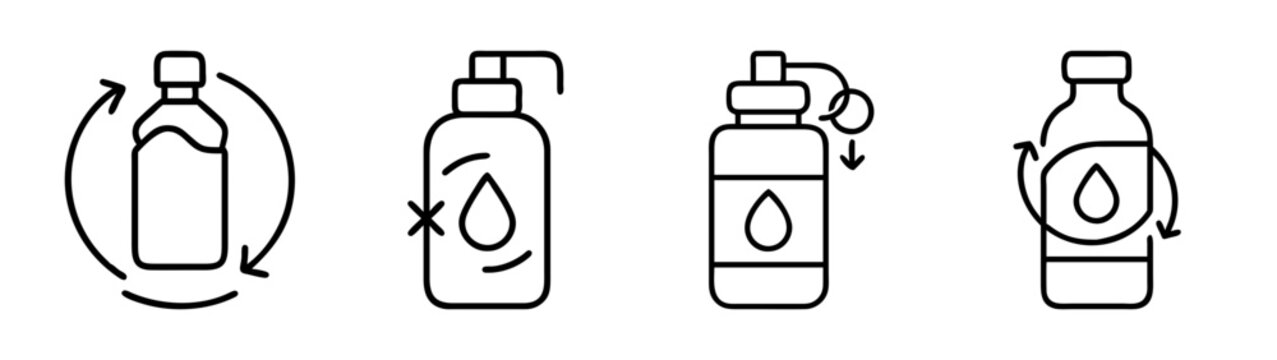 Reusable bottles, sustainable packaging, and refill concept icons