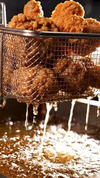 Crispy Golden Fried Chicken Pieces Lifted from Hot Oil in Deep Fryer Basket, Draining Excess Fat. Close-up Vertical Shot of Appetizing Fast Food Prepa