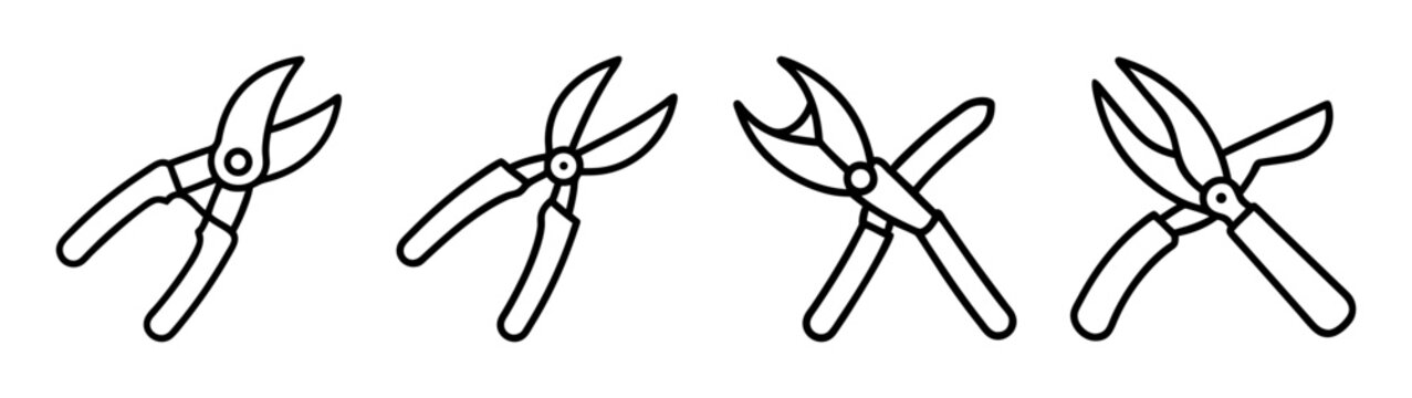 Gardening pruning shears line art icon set for horticulture tasks
