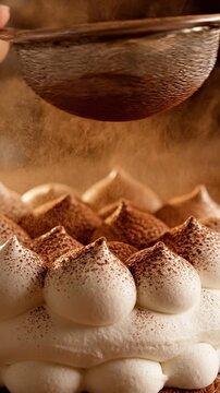 Extreme close-up of a pastry chef dusting fine cocoa powder over peaked dollops of luxurious white cream or meringue, creating a rich chocolate desser