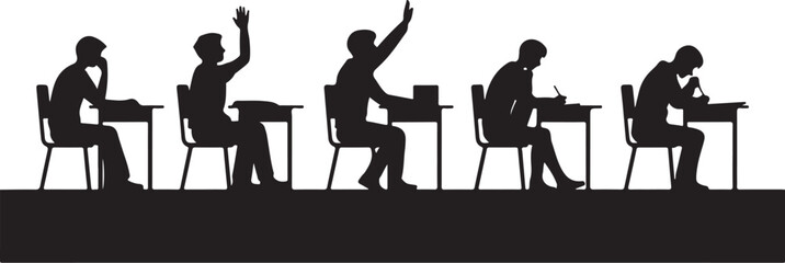 Five silhouettes of students sitting at desks in a classroom 1