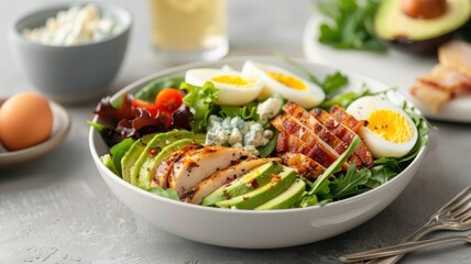 Fototapeta premium A colorful Cobb salad with grilled chicken, bacon, eggs, avocado, and blue cheese.