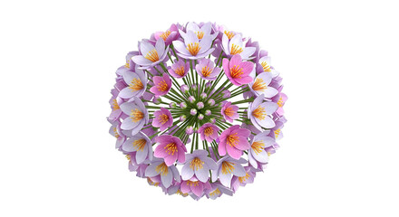 Spherical arrangement of pink and purple flowers with orange centers