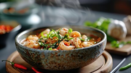 A steaming bowl of spicy calamari soup with tender chunks of giant squid tentacle.