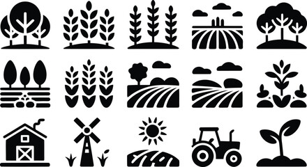 Fototapeta premium Diverse collection of agricultural icons illustrating farming elements, natural growth, and rural machinery