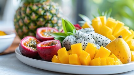 A colorful fruit platter with passion fruit, mango, pineapple, and dragon fruit.