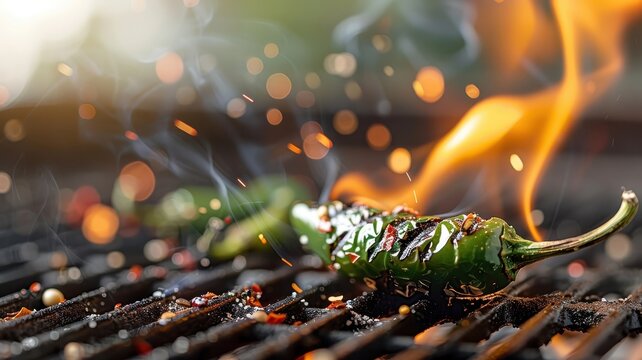 A jalapeno pepper roasting over an open flame, its skin blistering.