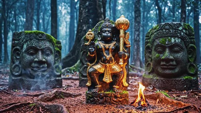 Ancient stone carvings in a mystical forest with small sacred fire and lush moss on the statues capturing spiritual tranquility