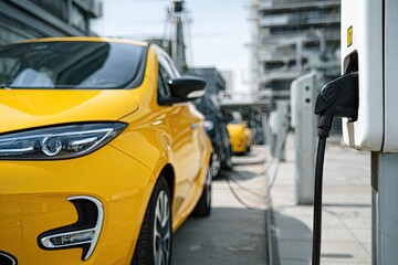 Obraz premium Bright yellow electric car connected to a charger on a city street