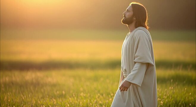 Serene depiction of Jesus walking through tranquil fields at sunset emphasizing grace and