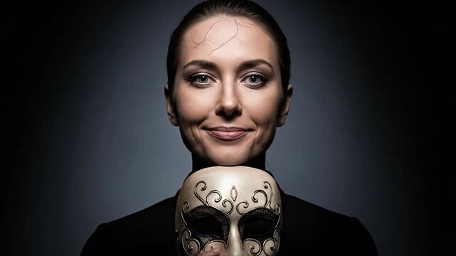 Woman holding mask symbolizing duality and thought.