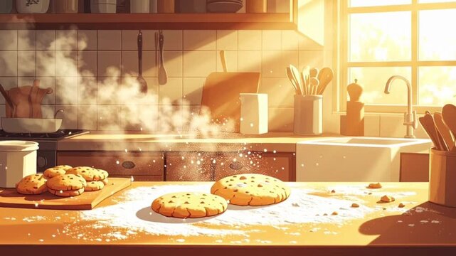 Baking cookies on kitchen counter with steam rising