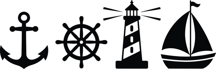 Obraz premium Four black silhouette nautical symbols including anchor ships wheel diagonal striped lighthouse and sailboat