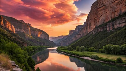 Beautiful Mountains River Nature Landscape with Canyon and Sun at Sunset Sunrise