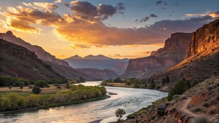 Beautiful Mountains River Nature Landscape with Canyon and Sun at Sunset Sunrise