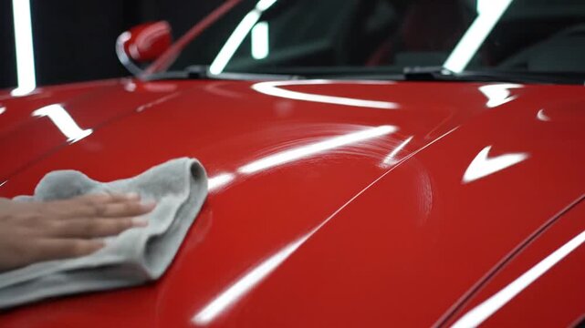 A hand wiping the hood of a red sports car with a microfiber cloth in a well-lit garage