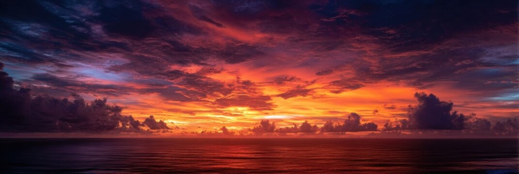 Dramatic sunset over the ocean with fiery clouds and shimmering water