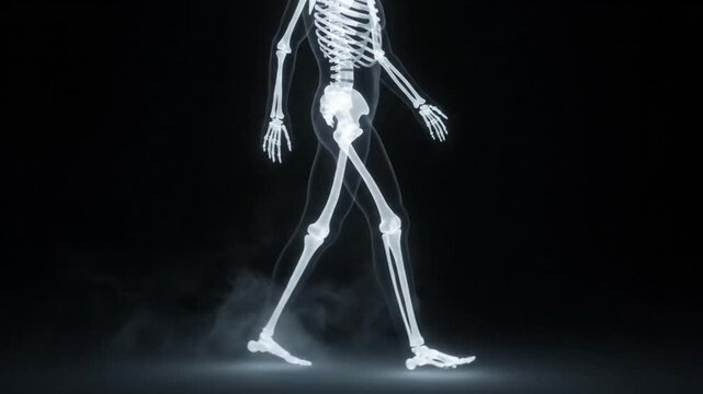 Anatomical skeleton walking with smoke and light effects, medical x-ray concept