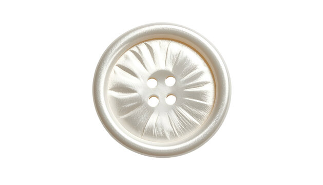 Isolated close-up of a pearlescent button with four holes, centered on black background