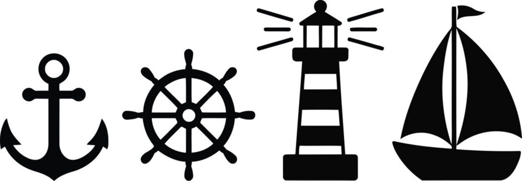 Set of four black nautical icons featuring an anchor ships wheel lighthouse and sailboat
