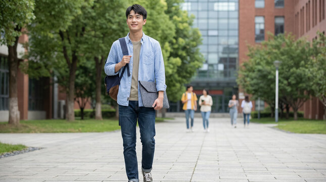 Asian Male College Student Walking On Campus Path