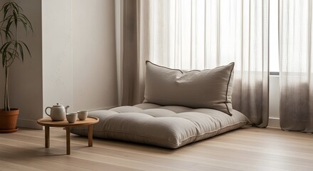 Fototapeta premium Minimalist room with a comfortable floor futon, large pillow, small wooden table with tea set, and a potted plant, bathed in natural light from sheer-curtained windows.