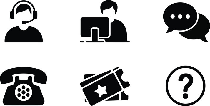 Simple black silhouette icon depicting a customer service representative wearing a headset