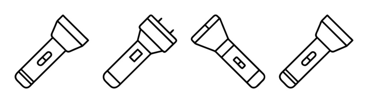 Line art set of flashlights and electric stun gun icons on white