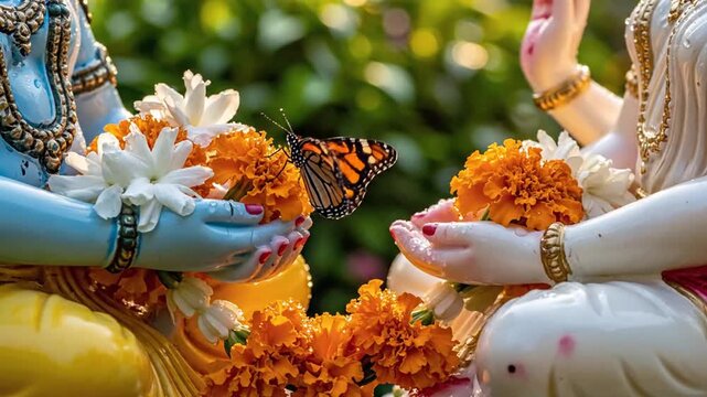 Cultural Rituals and Decorative Elements Featuring Deities and Butterflies in a Colorful Outdoor Setting