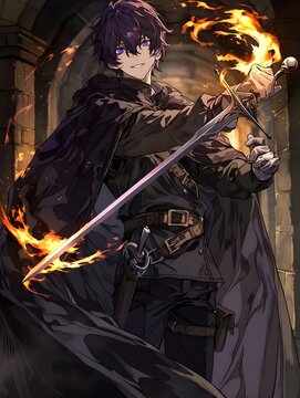 anime warrior with sword and fire magic